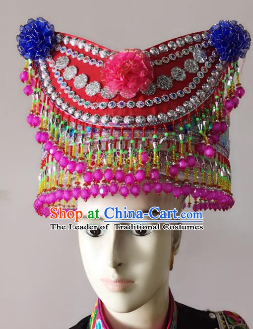 Traditional Chinese Yi Nationality Minority Beads Tassel Hats Hair Accessories Ethnic Headwear for Women