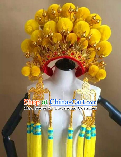 Traditional Chinese Beijing Opera Diva Yellow Venonat Phoenix Coronet Peking Opera Actress Hats Headwear