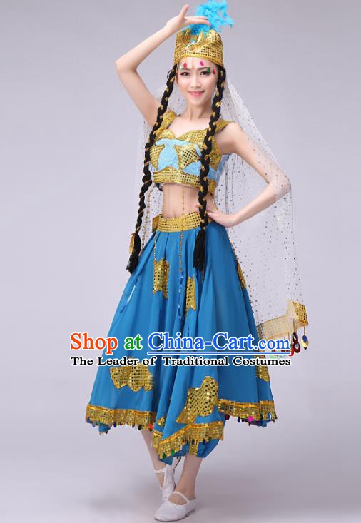 Traditional Chinese Uyghur Nationality Dancing Costume, Chinese Uigurian Minority Nationality Dance Blue Dress for Women