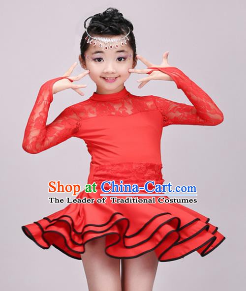 Top Grade Modern Dance Costume Stage Performance Latin Dance Red Bubble Dress for Kids