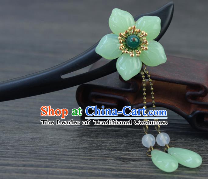 Chinese Ancient Handmade Hair Accessories Green Flower Hair Clip Classical Hanfu Ebony Hairpins for Women