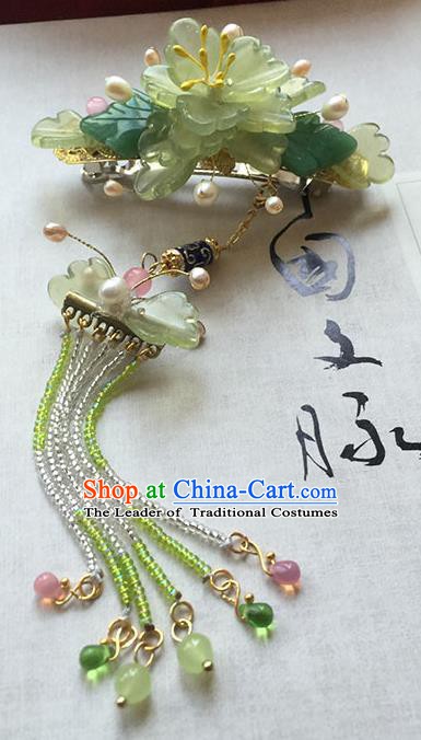 Chinese Handmade Ancient Hair Accessories Green Flowers Hair Stick Classical Hanfu Hairpins for Women
