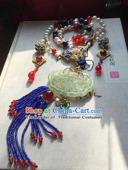 Chinese Ancient Handmade Accessories Tassel Jade Necklace Hanfu Blueing Necklet for Women