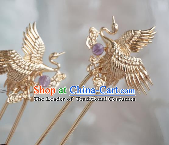 Chinese Ancient Hanfu Handmade Golden Crane Hairpins Hair Accessories Hair Clip for Women