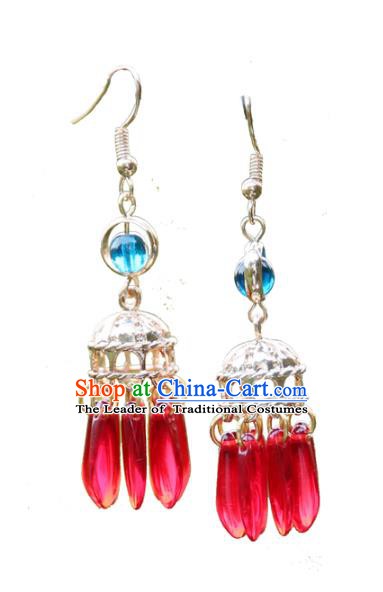 Chinese Handmade Ancient Jewelry Accessories Eardrop Hanfu Red Beads Long Tassel Earrings for Women