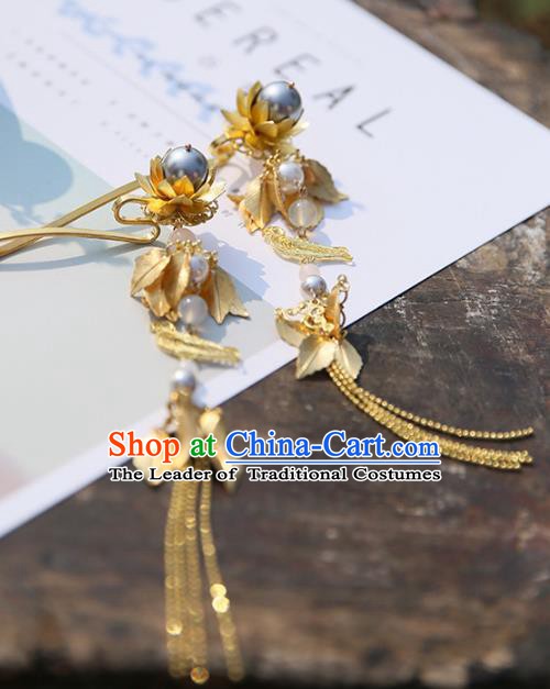 Chinese Ancient Handmade Hanfu Hairpins Palace Lady Golden Tassel Step Shake Hair Accessories for Women
