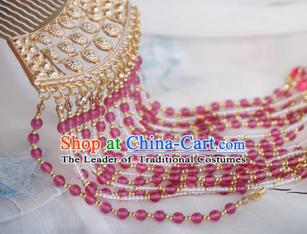 Chinese Ancient Handmade Hanfu Rosy Beads Tassel Hair Comb Hairpins Hair Accessories for Women