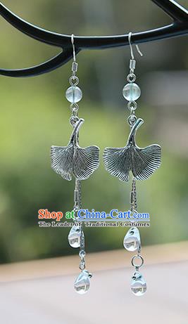 Chinese Handmade Ancient Jewelry Accessories Hanfu Tassel Ginkgo Leaf Earrings for Women