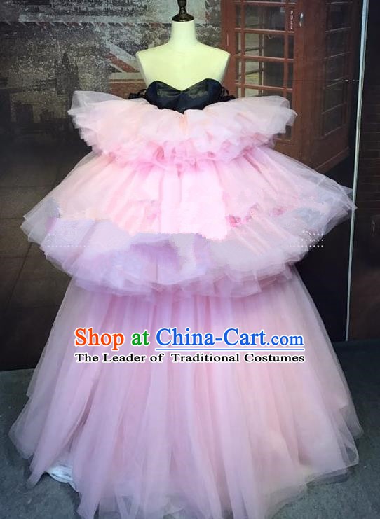 Top Grade Stage Performance Catwalks Costume Wedding Full Dress Pink Veil Bubble Dress for Women