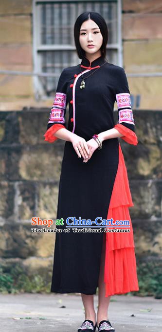 Traditional China National Costume Tang Suit Cheongsam Dress Chinese Embroidered Black Qipao for Women