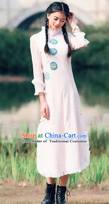 Traditional China National Costume Tang Suit Pink Lace Qipao Dress Chinese Embroidered Cheongsam for Women