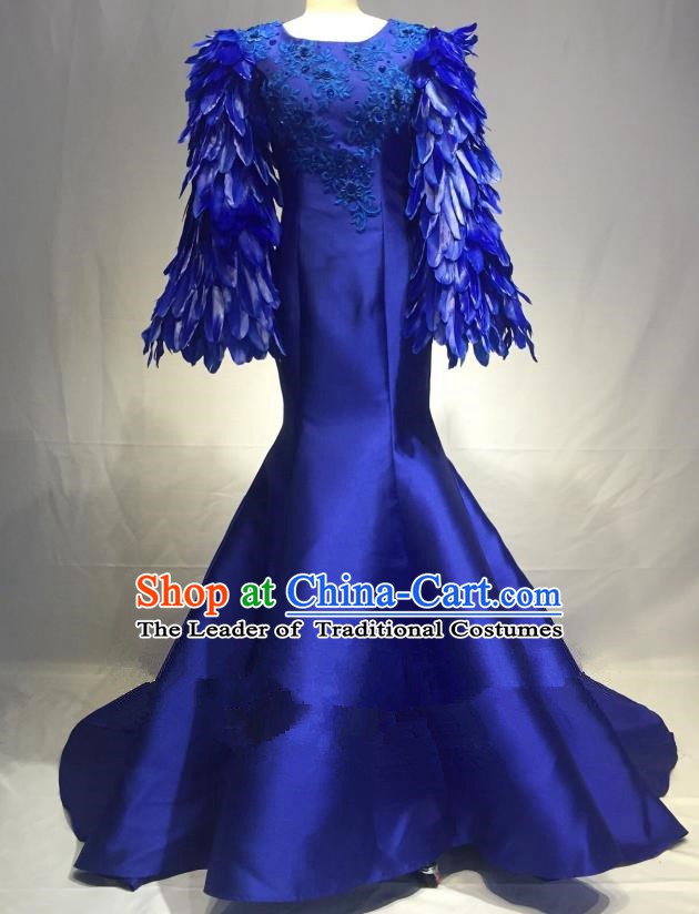Top Grade Stage Performance Costume Modern Dance Blue Feather Sleeve Mermaid Dress Catwalks Full Dress for Women