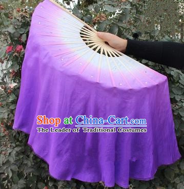 Top Grade Chinese Folk Dance Purple Folding Fans Yangko Dance Silk Ribbon Fan for Women