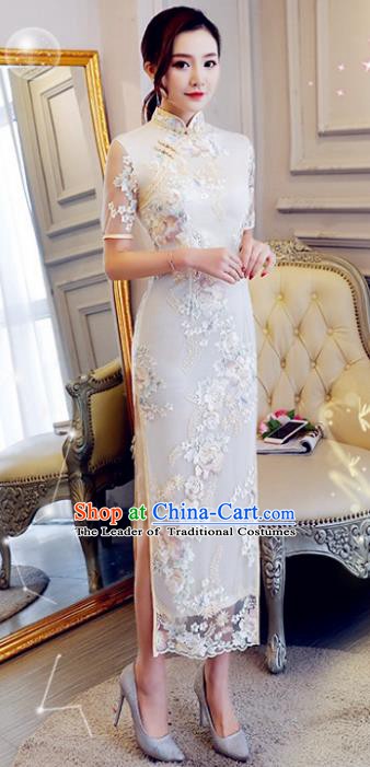 Chinese Traditional Elegant Cheongsam Embroidery White Qipao Dress National Costume for Women