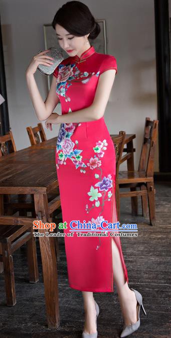 Chinese Traditional Elegant Printing Silk Red Cheongsam National Costume Qipao Dress for Women