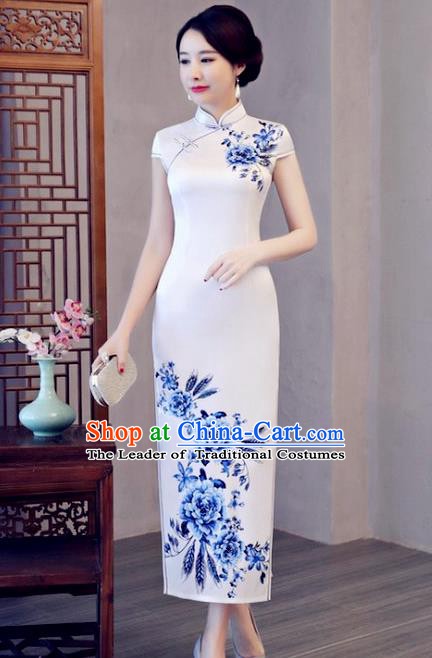 Chinese Traditional Printing Peony Elegant White Cheongsam National Costume Silk Qipao Dress for Women