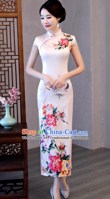 Chinese Traditional Pink Elegant Cheongsam National Costume Printing Peony Silk Qipao Dress for Women