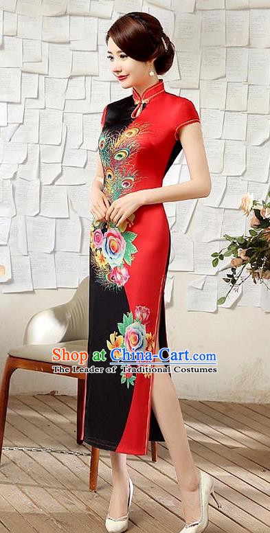 Chinese Traditional Elegant Printing Peony Phoenix Cheongsam National Costume Silk Qipao Dress for Women