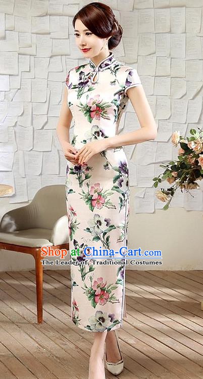Chinese Traditional Elegant Printing Peach Blossom Cheongsam National Costume Silk Qipao Dress for Women