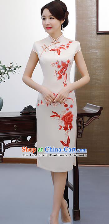 Chinese Traditional Elegant Retro Cheongsam National Costume Printing Red Peony Qipao Dress for Women