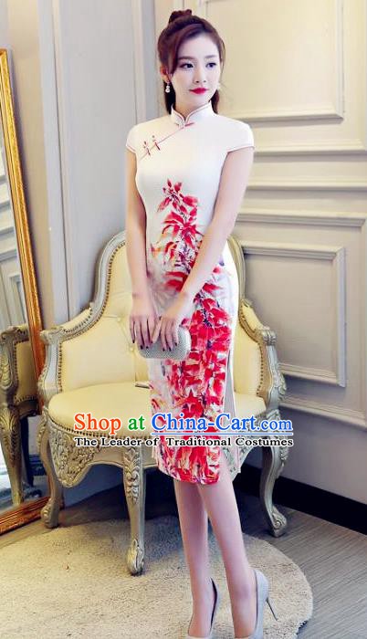 Chinese Traditional Elegant Retro Cheongsam National Costume Printing Qipao Dress for Women