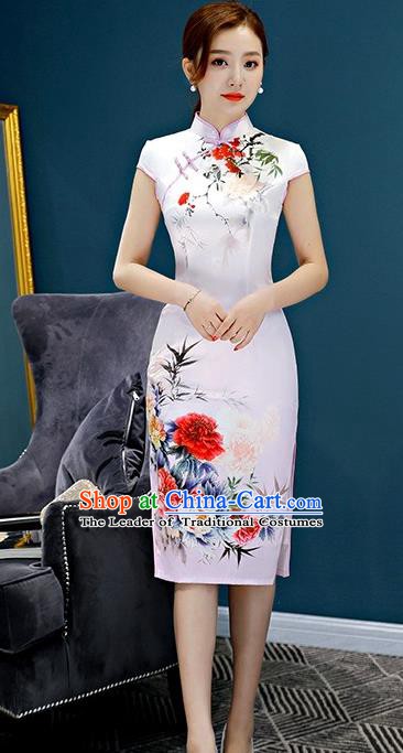 Chinese Traditional Elegant Retro Cheongsam National Costume Printing Peony Qipao Dress for Women