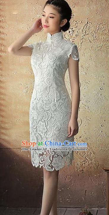 Chinese Traditional Elegant Retro White Lace Cheongsam National Costume Qipao Dress for Women