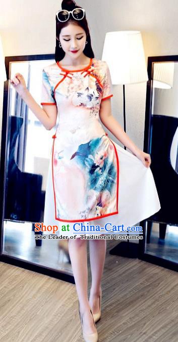 Chinese Traditional Elegant Printing Pink Cheongsam National Costume Retro Qipao Dress for Women