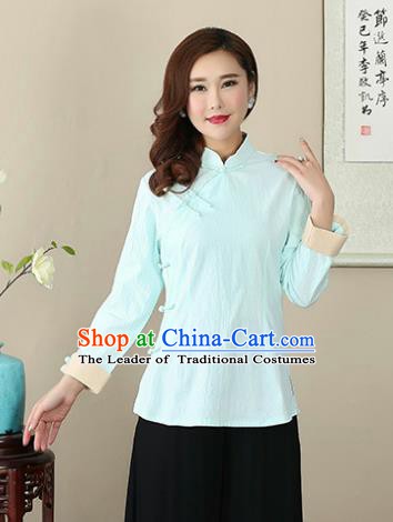 Chinese Traditional National Costume Light Blue Linen Blouse Tang Suit Qipao Short Shirts for Women