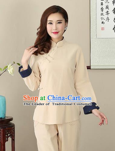 Chinese Traditional National Costume Khaki Linen Blouse Tang Suit Qipao Short Shirts for Women