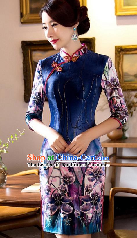 Top Grade Chinese National Costume Elegant Slim Cheongsam Tang Suit Printing Navy Qipao Dress for Women