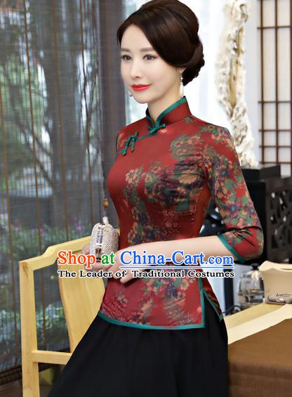 Chinese Traditional Elegant Cheongsam Dark Red Silk Blouse National Costume Tang Suit Qipao Shirts for Women