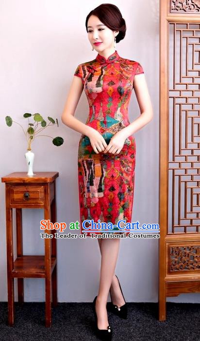 Chinese Traditional Elegant Cheongsam Red Silk Full Dress National Costume Retro Printing Qipao for Women