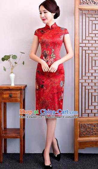 Chinese Traditional Elegant Cheongsam Red Silk Full Dress National Costume Retro Printing Flowers Qipao for Women