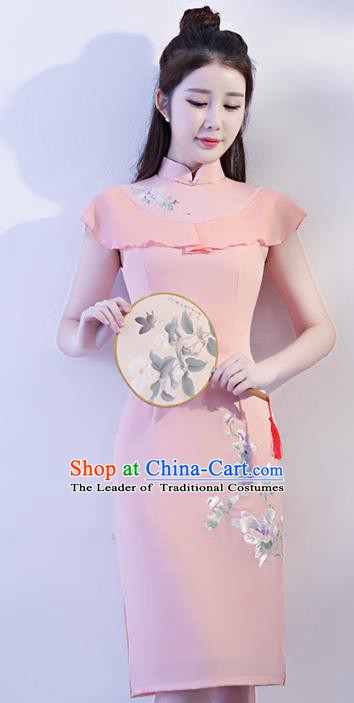 Chinese Traditional Elegant Stand Collar Cheongsam National Costume Pink Qipao Dress for Women