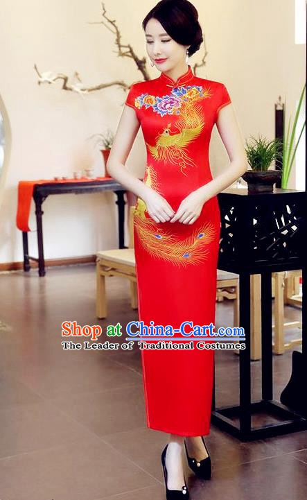 Chinese Traditional Elegant Cheongsam Wedding Red Satin National Costume Retro Printing Phoenix Qipao for Women