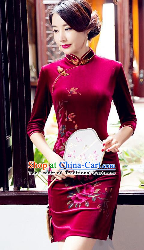 Top Grade Chinese National Costume Elegant Wine Red Velvet Cheongsam Tang Suit Qipao Dress for Women