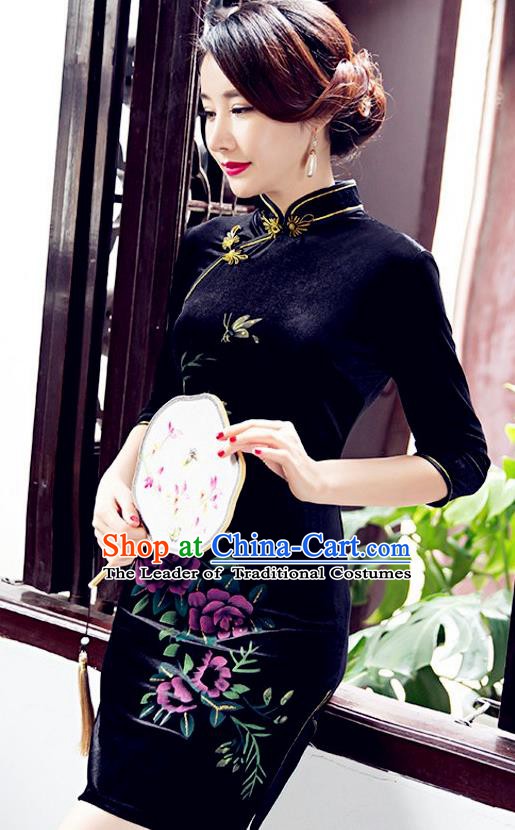 Top Grade Chinese National Costume Elegant Navy Velvet Cheongsam Tang Suit Qipao Dress for Women