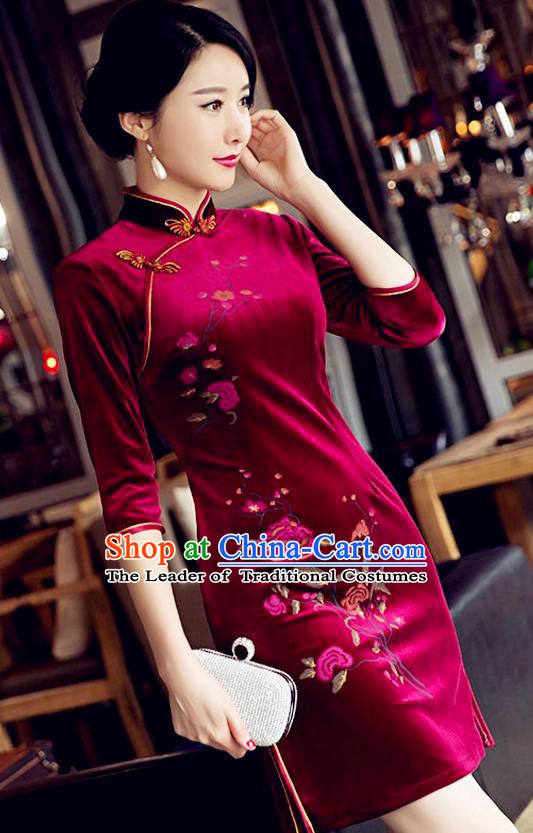 Top Grade Chinese National Costume Elegant Red Velvet Cheongsam Tang Suit Qipao Dress for Women