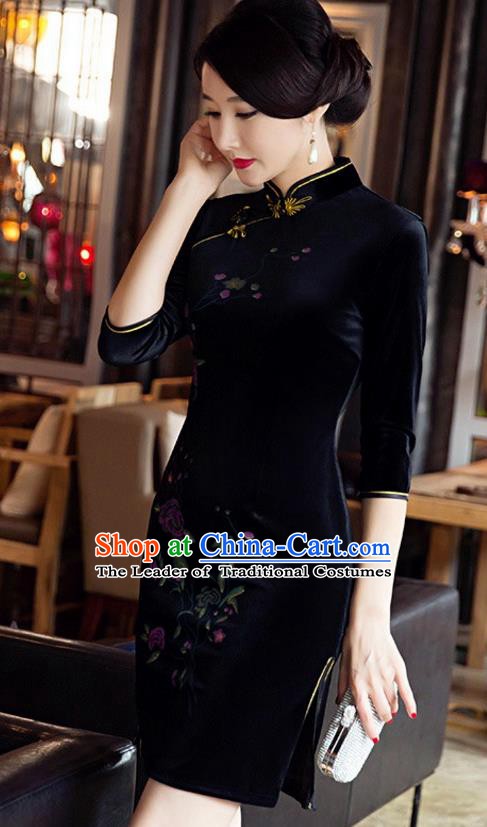 Top Grade Chinese National Costume Elegant Black Velvet Cheongsam Tang Suit Qipao Dress for Women