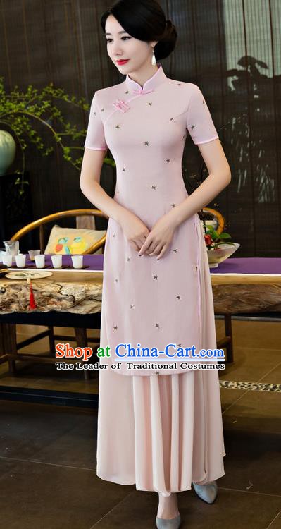 Top Grade Chinese National Costume Elegant Cheongsam Tang Suit Pink Qipao Dress for Women