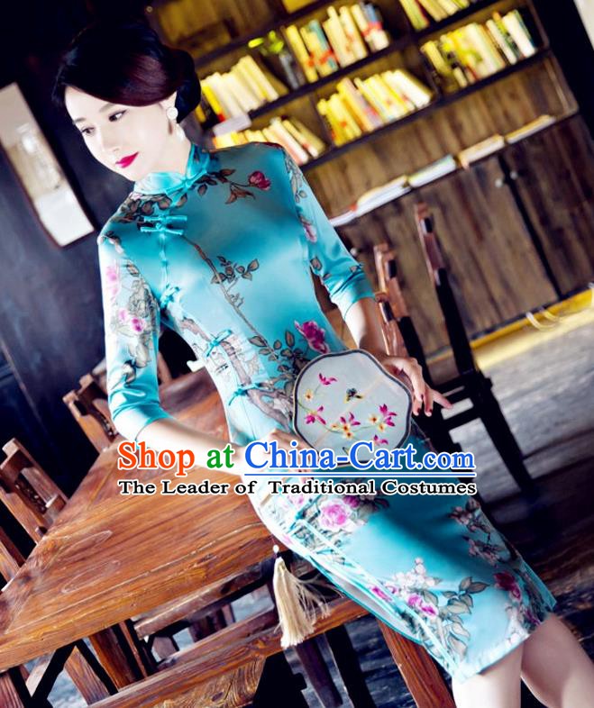 Top Grade Chinese National Costume Tang Suit Short Blue Qipao Dress Elegant Printing Cheongsam for Women