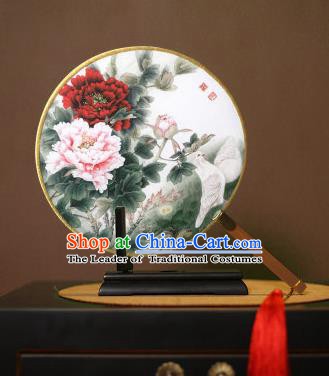 Chinese Traditional Circular Fans Handmade Printing Peony Flowers Round Fan China Ancient Palace Dance Fans