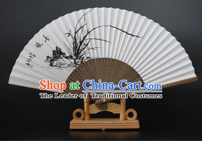 Chinese Traditional Artware Handmade Folding Fans Ink Painting Orchid Paper Fans