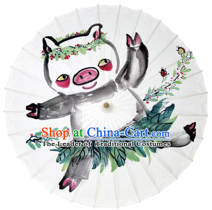 Chinese Traditional Artware Dance Umbrella Ink Painting Pig Paper Umbrellas Oil-paper Umbrella Handmade Umbrella