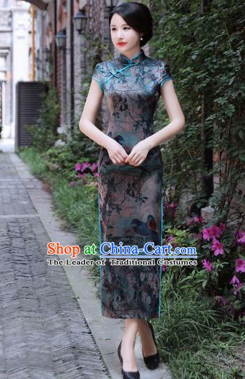 Chinese Traditional Mandarin Silk Qipao Dress National Costume Printing Long Cheongsam for Women