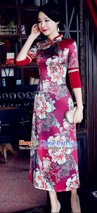 Chinese Traditional Mandarin Qipao Dress National Costume Printing Peony Wine Red Cheongsam for Women