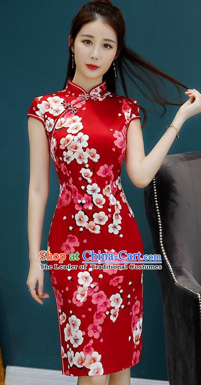 Chinese Traditional Mandarin Qipao Dress National Costume Printing Flowers Red Cheongsam for Women