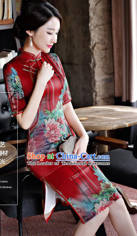 Chinese Traditional Silk Mandarin Qipao Dress National Costume Printing Peony Red Short Cheongsam for Women
