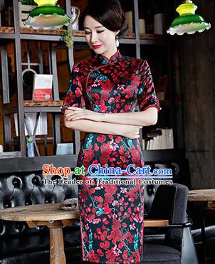 Chinese Traditional Silk Mandarin Qipao Dress National Costume Printing Plum Blossom Short Cheongsam for Women